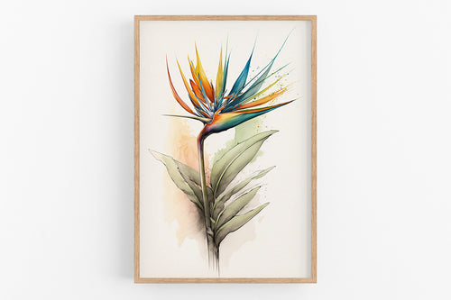 The image is a framed painting depicting a vibrant and colorful tropical flower with long, pointed petals in shades of orange, yellow, and blue.