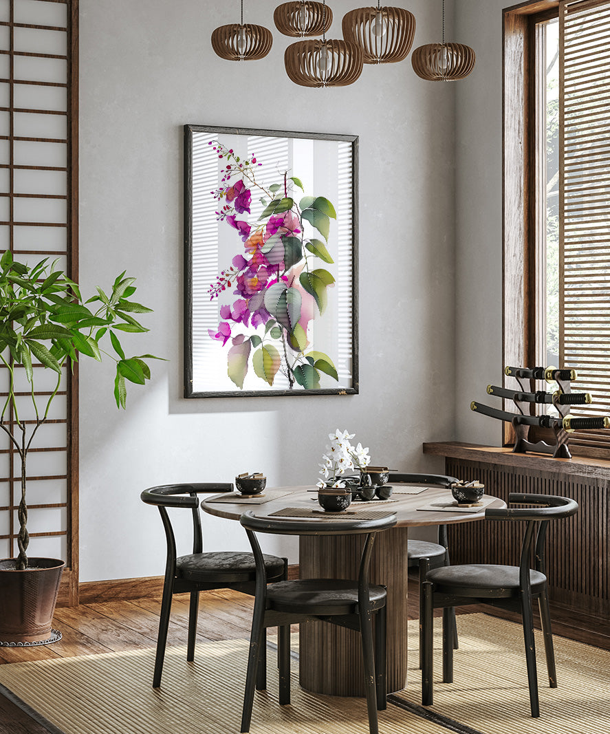 a modern dining room with a round wooden table surrounded by black chairs. A large floral painting hangs on the wall above the table, and a chandelier hangs from the ceiling. The room is decorated with various plants and other decorative elements, creating a cozy and inviting atmosphere.