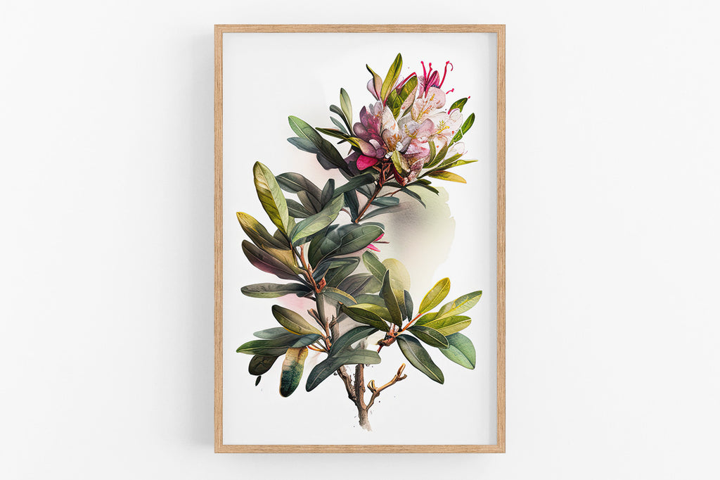 The image is a framed print depicting a vibrant and lush plant with a variety of green leaves and pink flowers.