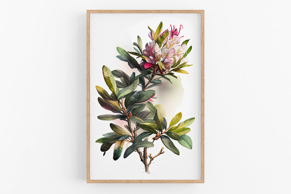 The image is a framed print depicting a vibrant and lush plant with a variety of green leaves and pink flowers.