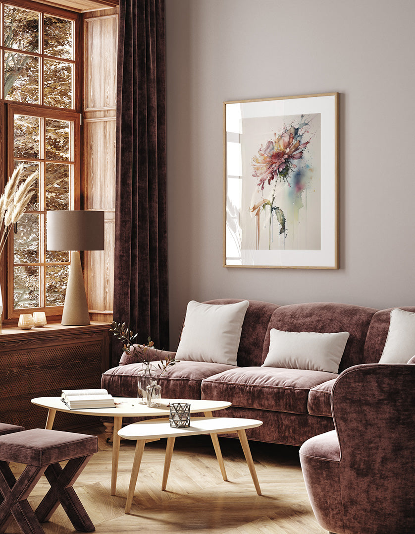 a cozy living room with a large window, a plush couch, a coffee table, and a framed watercolor painting on the wall.