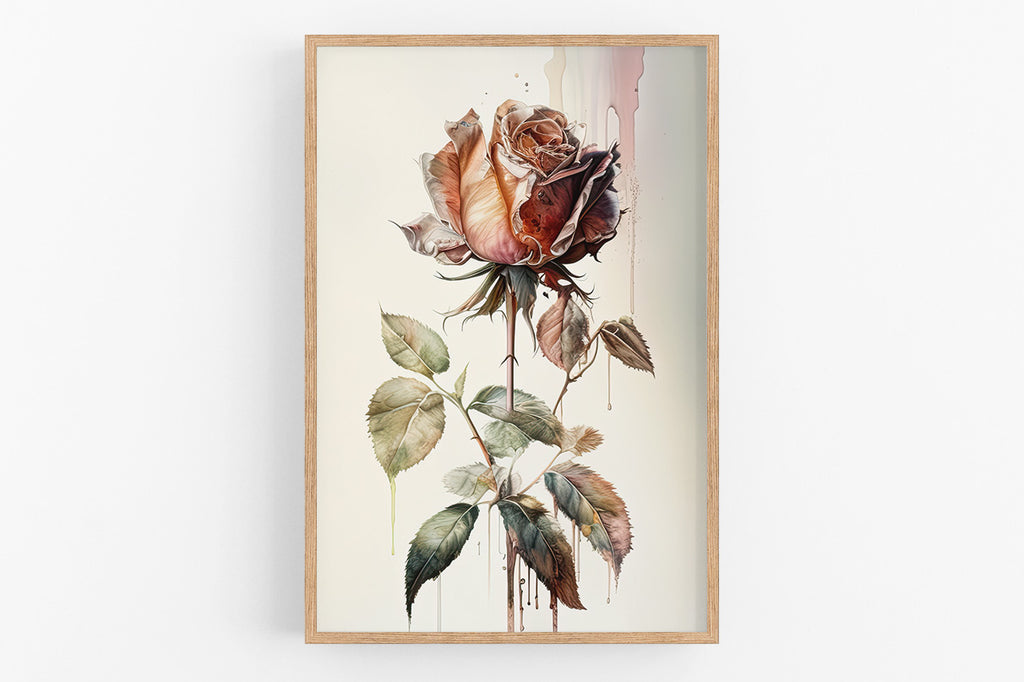 The image is a framed watercolor painting depicting a large, vibrant rose with delicate petals and lush green leaves.