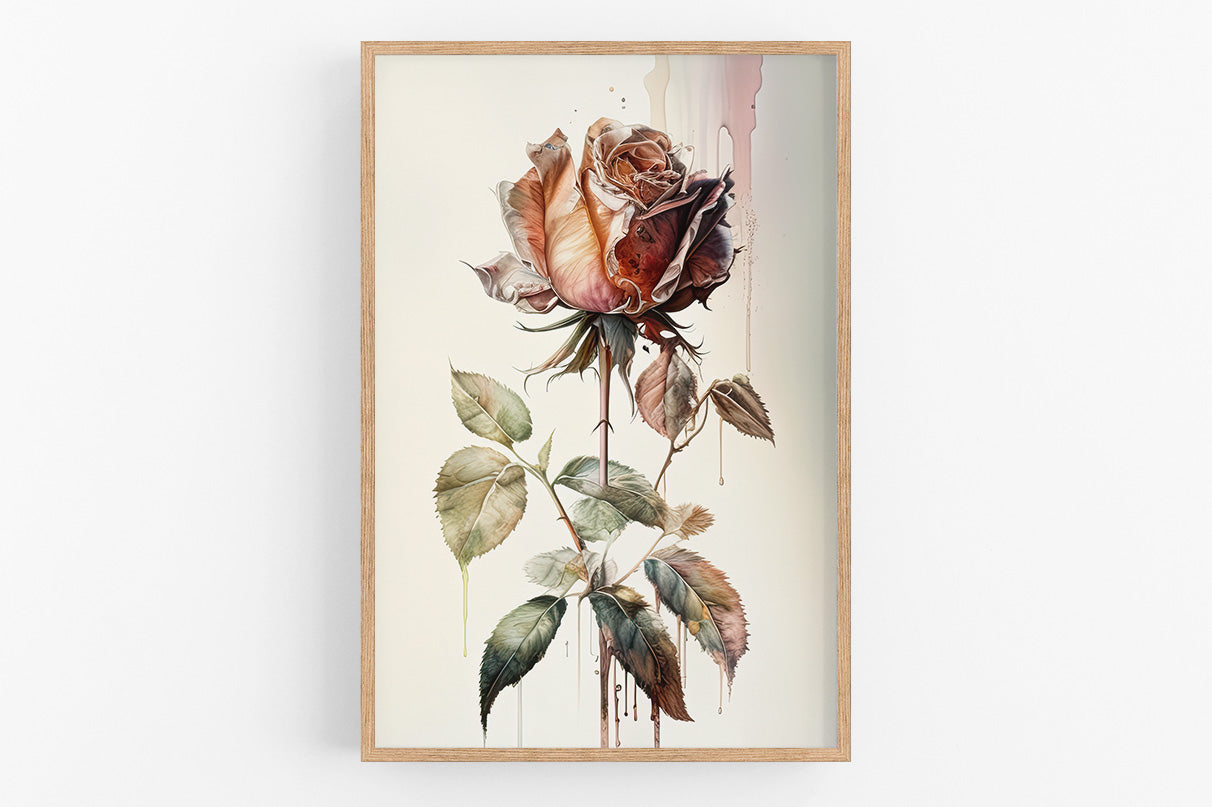 The image is a framed watercolor painting depicting a large, vibrant rose with delicate petals and lush green leaves.