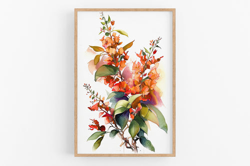The image is a framed watercolor painting depicting a vibrant and colorful floral arrangement with various orange and green flowers and leaves.