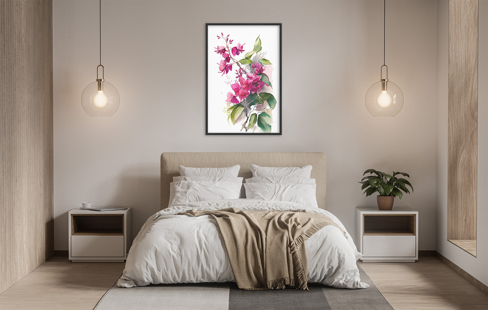 a serene and modern bedroom with a large bed, white bedding, and a framed painting of pink flowers hanging above it. The room is illuminated by two pendant lights, creating a warm and inviting atmosphere.