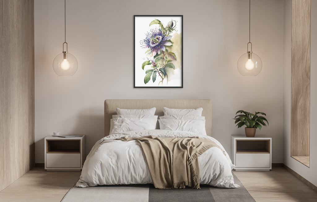 a serene and modern bedroom with a large bed, white bedding, and a framed painting of a purple flower hanging above it. The room is illuminated by two pendant lights, creating a warm and inviting atmosphere.