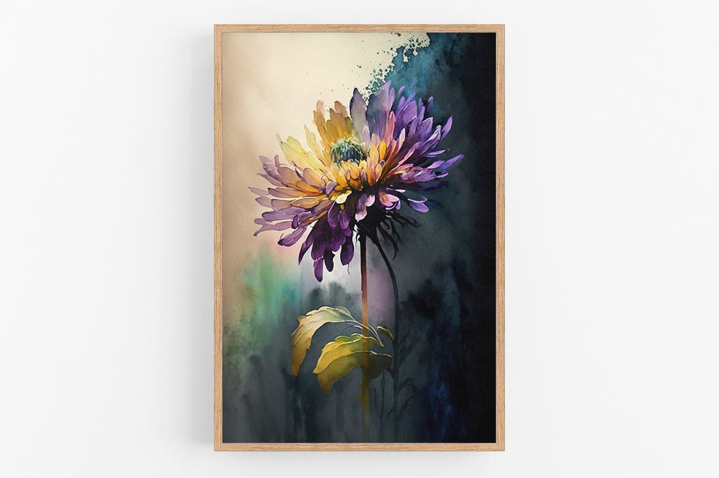 The image is a framed painting depicting a vibrant, colorful flower with purple, yellow, and orange petals.