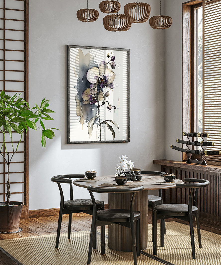 a modern dining room with a wooden table and chairs, a large painting of a flower on the wall, and a potted plant on the left side.