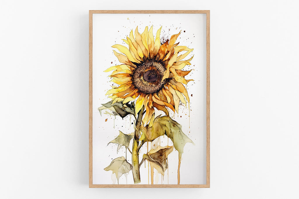 A framed watercolor painting depicting a vibrant sunflower with its yellow petals and brown center.