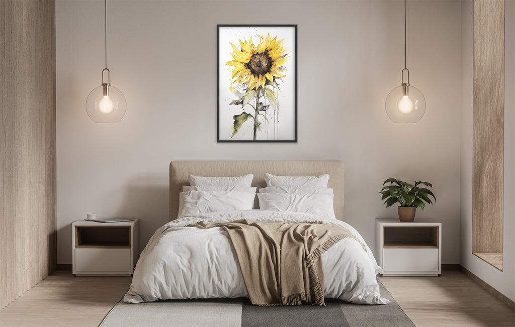 a serene and modern bedroom with a large bed, white bedding, and a framed painting of a sunflower on the wall. The room is illuminated by two pendant lights hanging above the bed, creating a warm and inviting atmosphere.