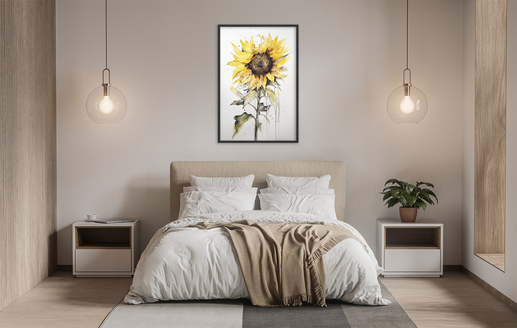 a serene and modern bedroom with a large bed, white bedding, and a framed painting of a sunflower on the wall. The room is illuminated by two pendant lights hanging above the bed, creating a warm and inviting atmosphere.