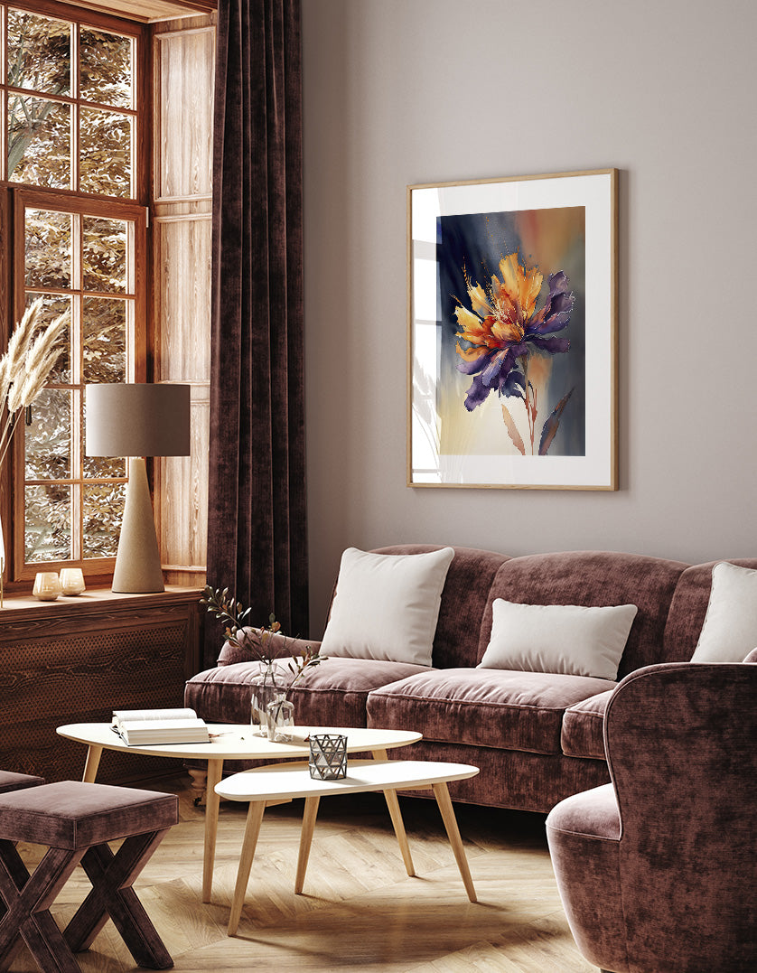 a cozy living room with a large window, a brown sofa, a wooden coffee table, and a framed painting of a flower on the wall.