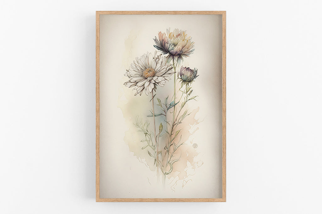 The image is a framed print depicting a floral arrangement with two large white flowers and two smaller purple flowers.