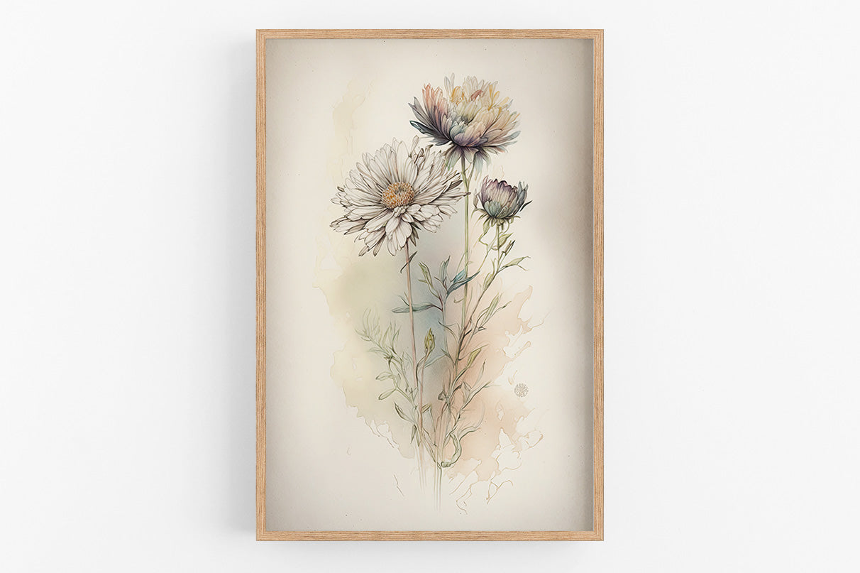 The image is a framed print depicting a floral arrangement with two large white flowers and two smaller purple flowers.