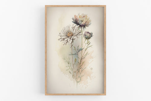 The image is a framed print depicting a floral arrangement with two large white flowers and two smaller purple flowers.