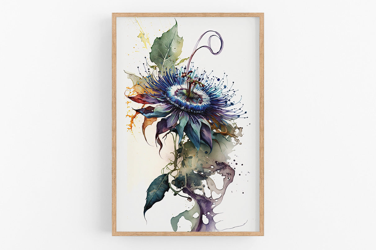 The image is a framed painting depicting a vibrant, colorful flower with intricate details and a swirling, abstract design.