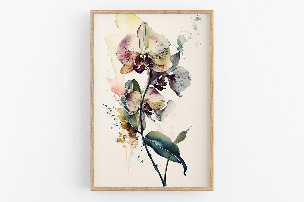 The image is a framed print featuring a vibrant and colorful painting of an orchid flower with delicate petals in shades of purple, pink, and green.