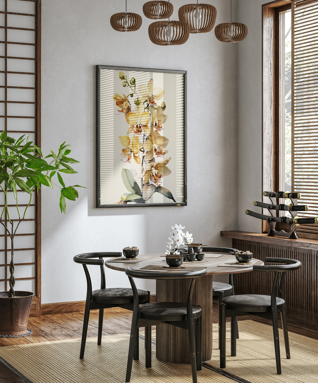 a modern dining room with a round wooden table, black chairs, and a large floral painting on the wall above the table.