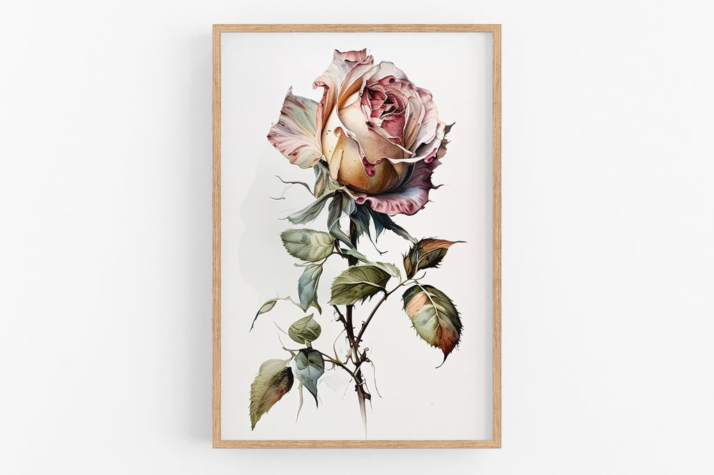 A framed painting of a large, vibrant pink rose with delicate petals and lush green leaves.