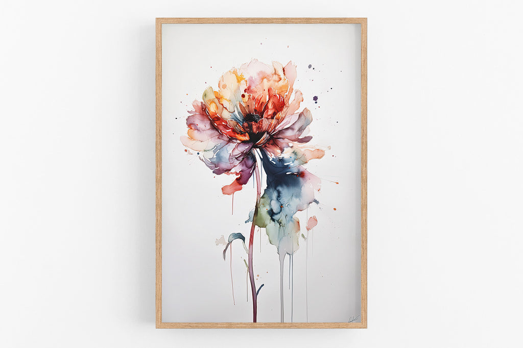 The image is a framed watercolor painting depicting a vibrant, colorful flower with a large, open bloom.