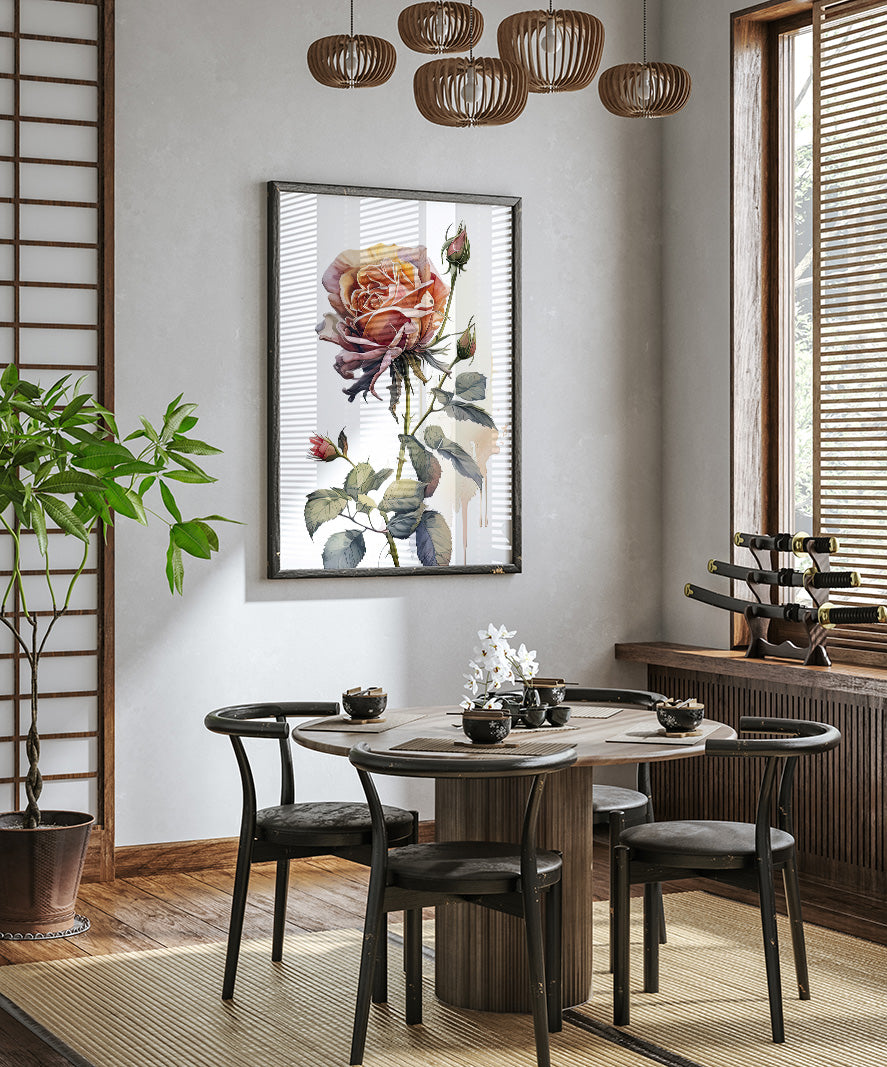 a modern dining room with a wooden table and chairs, a large floral print on the wall, and a potted plant on the left side.