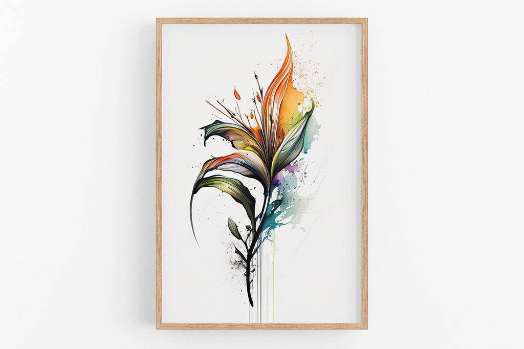 The image is a framed artwork depicting a vibrant, colorful flower with an abstract, stylized design.