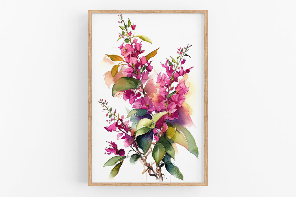 The image is a framed watercolor painting depicting a vibrant bouquet of pink flowers with green leaves.