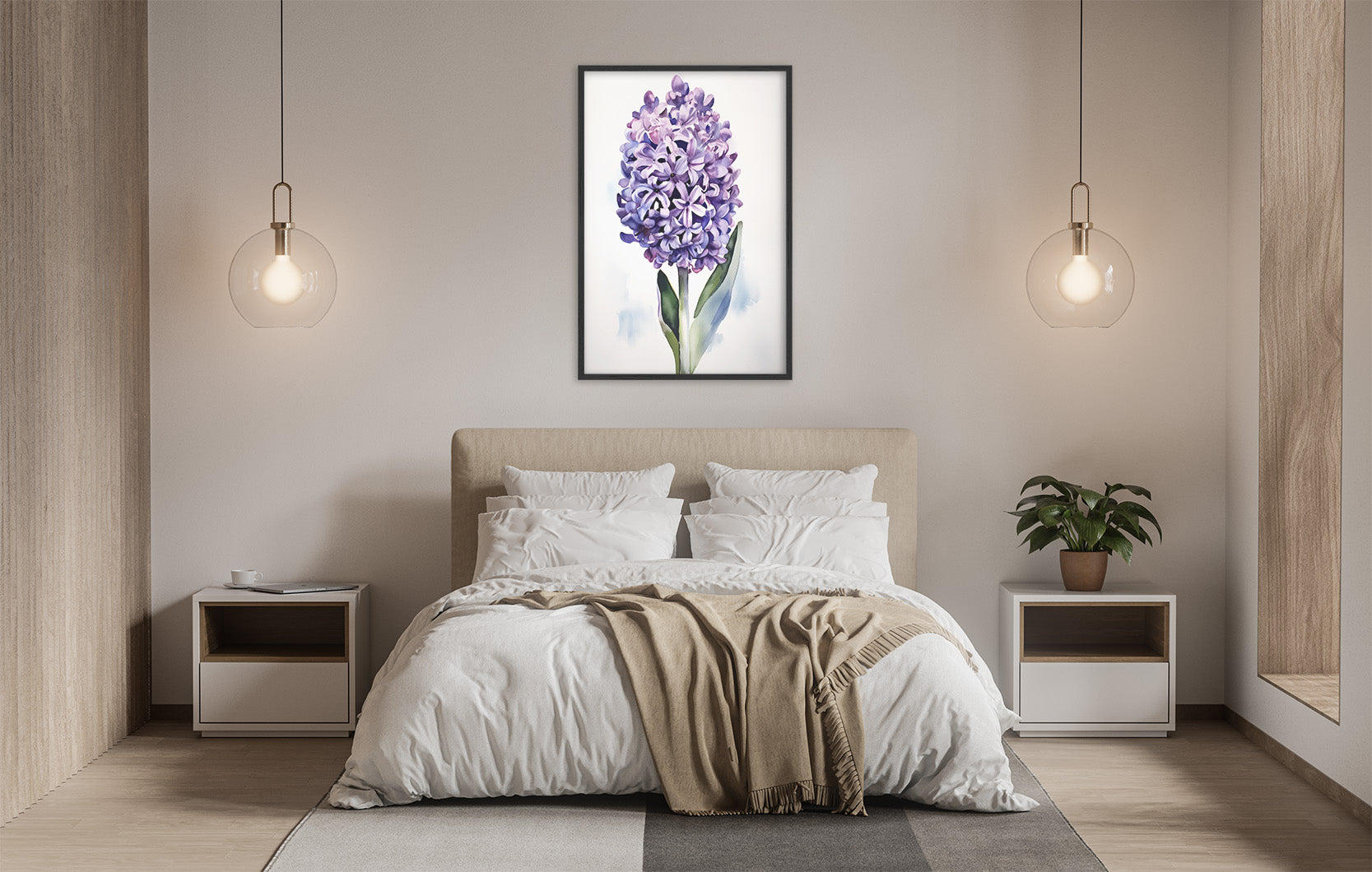 a serene and modern bedroom with a large bed, white bedding, and a framed picture of a purple flower hanging above it. The room is illuminated by two pendant lights, creating a warm and inviting atmosphere.