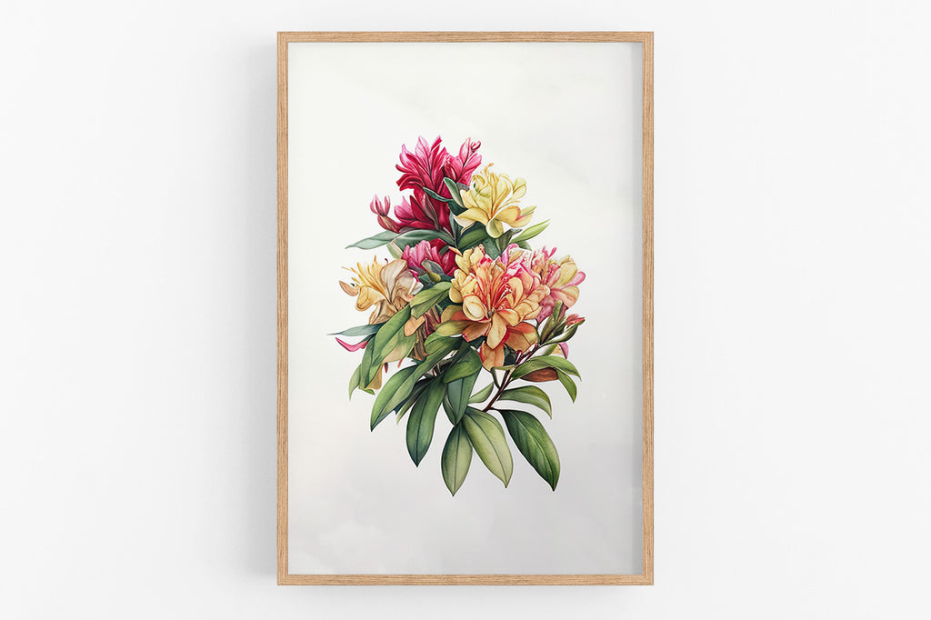 A framed print depicting a vibrant bouquet of colorful flowers, including red, yellow, and pink blooms, surrounded by lush green leaves.