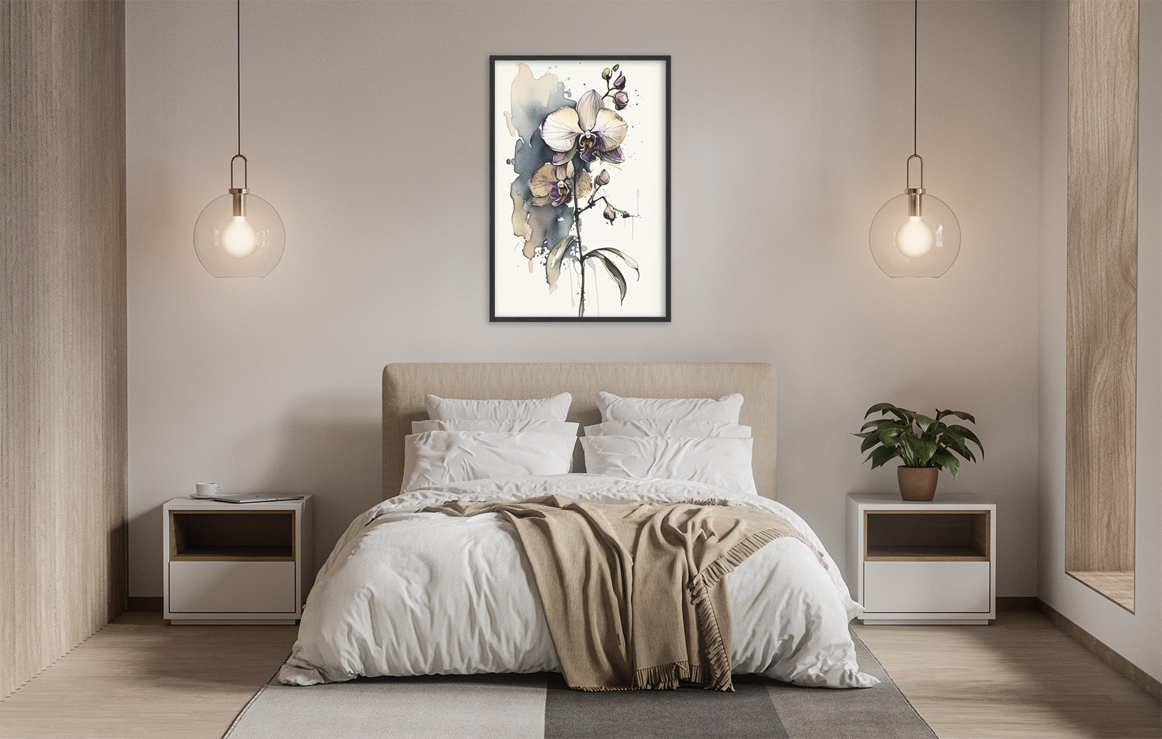 a serene and modern bedroom with a large bed, white bedding, and a framed painting of flowers hanging above it. The room is illuminated by two pendant lights, creating a warm and inviting atmosphere.