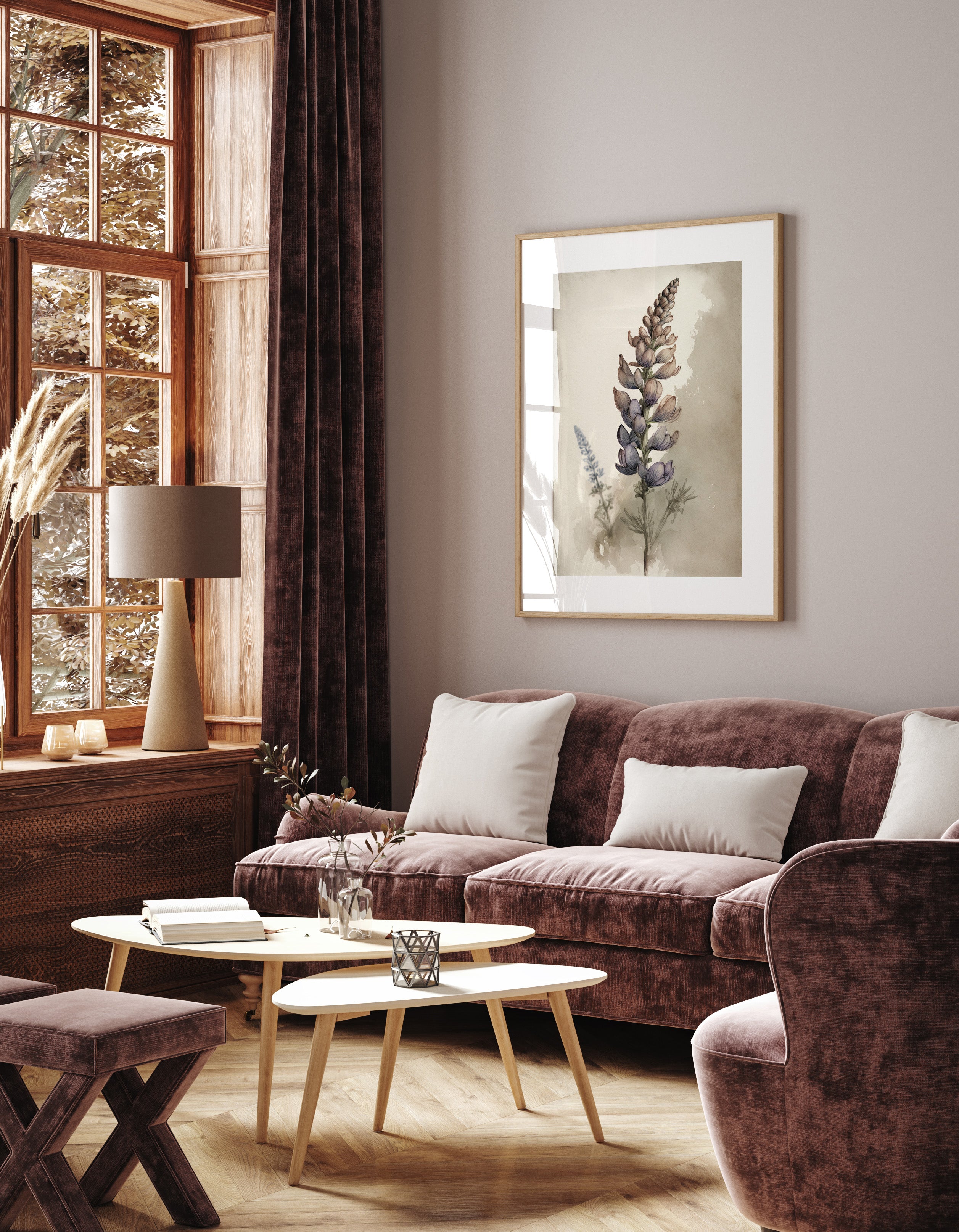 a cozy living room with a large window, a brown sofa, a wooden coffee table, and a framed watercolor painting of a flower on the wall.