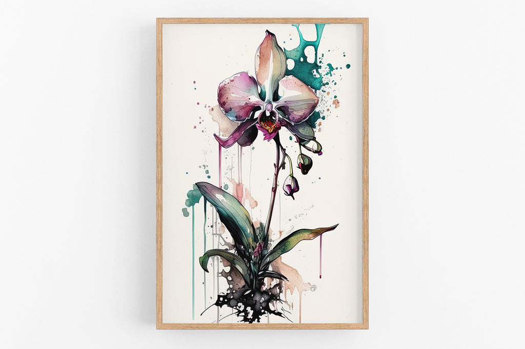 The image is a framed painting depicting a vibrant orchid flower with a mix of pink, purple, and green colors, surrounded by splashes of paint and watercolor effects.
