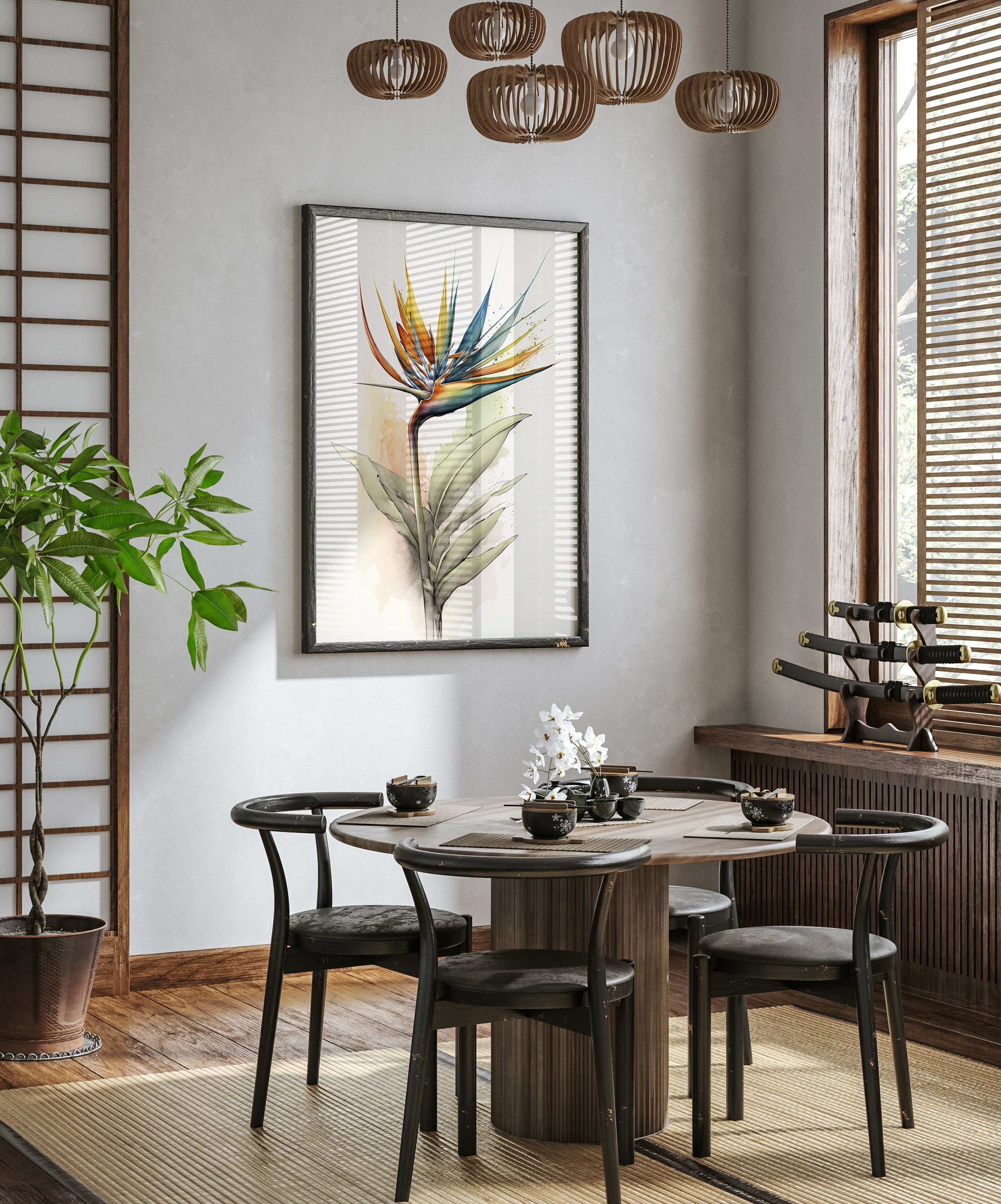 a modern dining room with a round wooden table, four black chairs, and a large painting of a colorful flower on the wall. The room has a minimalist and elegant design, with a wooden floor and a large window providing natural light.
