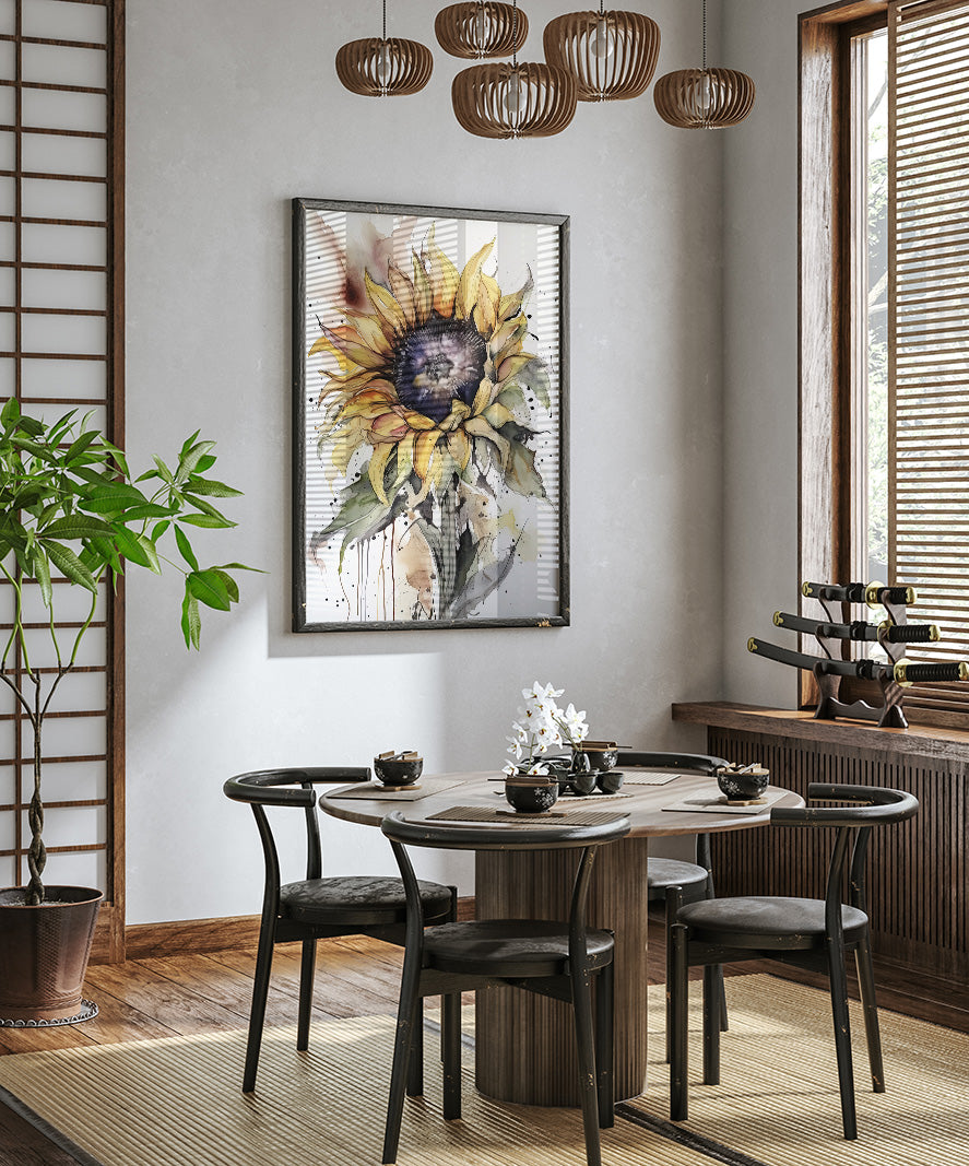 a modern dining room with a round wooden table, four black chairs, and a large sunflower painting hanging on the wall above the table.