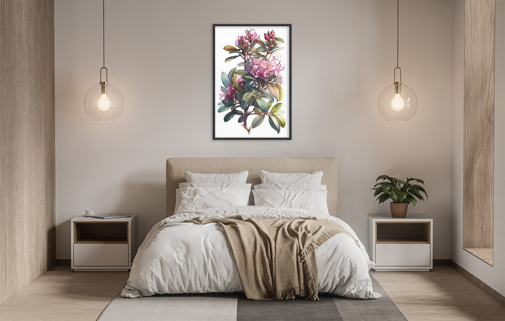 a serene and modern bedroom with a large bed, white bedding, and a framed painting of a floral arrangement hanging above it. The room is illuminated by two pendant lights, creating a warm and inviting atmosphere.