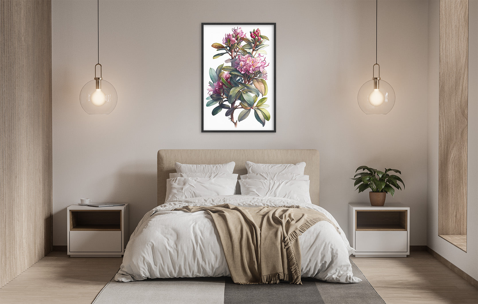a serene and modern bedroom with a large bed, white bedding, and a framed painting of a floral arrangement hanging above it. The room is illuminated by two pendant lights, creating a warm and inviting atmosphere.