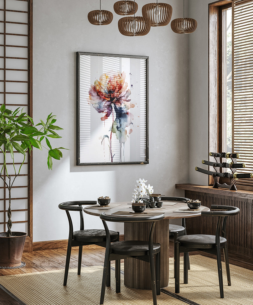 a modern dining room with a round wooden table surrounded by black chairs. A large, colorful watercolor painting of a flower hangs on the wall above the table. The room is decorated with wooden furniture, including a wooden cabinet and a wooden shelf, and there are potted plants and vases adding to the overall aesthetic.