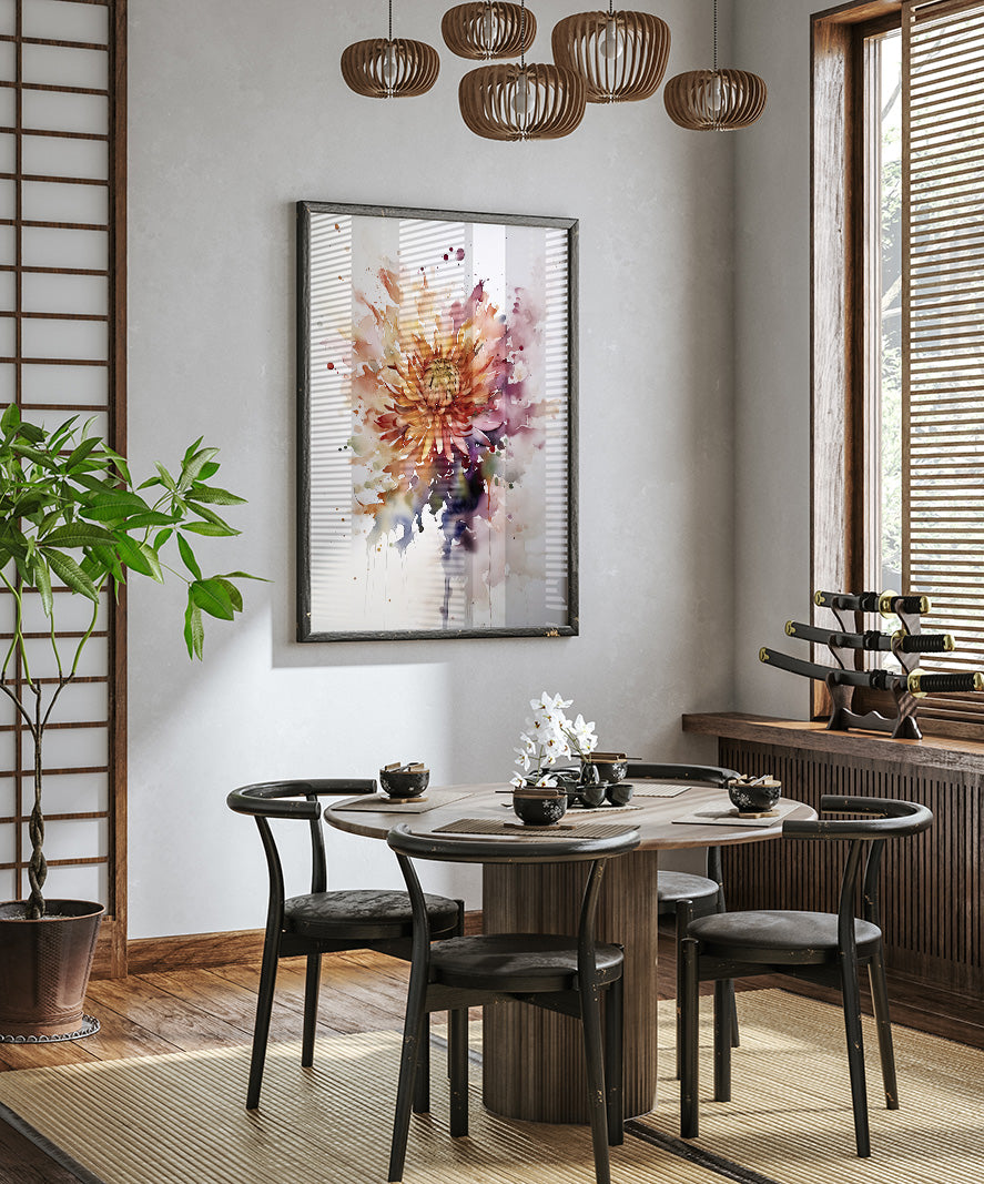 a modern dining room with a round wooden table, four black chairs, and a large abstract painting hanging on the wall above the table.