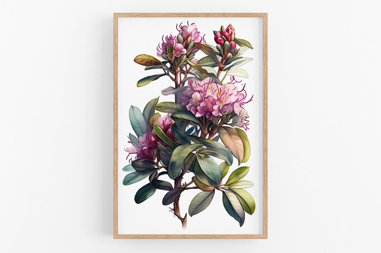 The image is a framed print depicting a vibrant and lush floral arrangement with pink and green flowers, leaves, and stems.