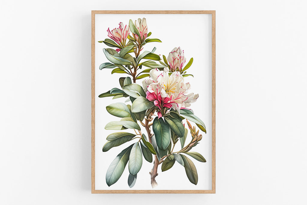 A framed botanical illustration depicting a variety of colorful flowers and lush green leaves.