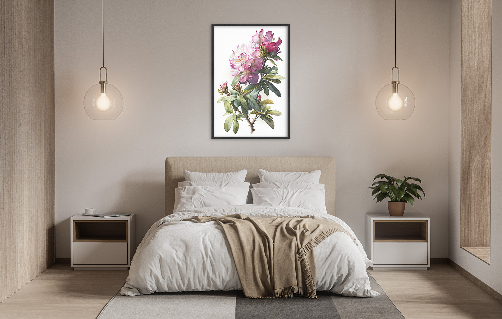 a serene and modern bedroom with a large bed, white bedding, and a framed painting of pink flowers hanging above it. The room is illuminated by two pendant lights, creating a warm and inviting atmosphere.