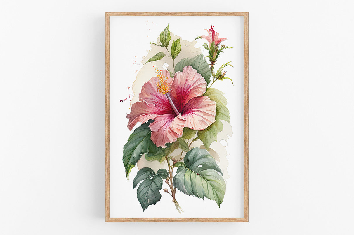 A framed watercolor painting depicting a large, vibrant pink hibiscus flower surrounded by lush green leaves and stems.
