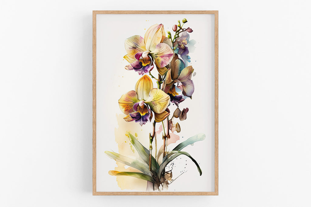 A framed watercolor painting depicting a vibrant arrangement of orchids with yellow, pink, and purple flowers.