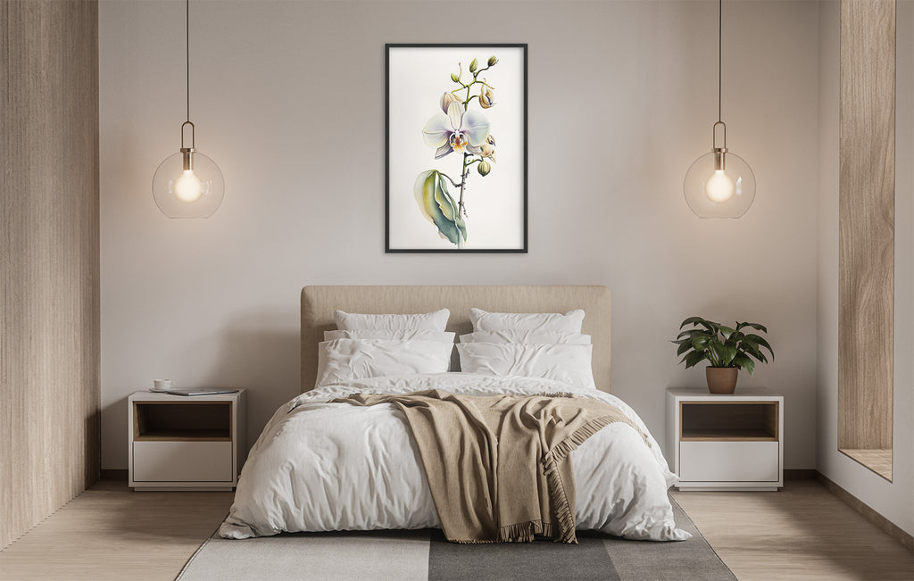 a serene and modern bedroom with a large bed, white bedding, and a framed orchid painting on the wall. The room is illuminated by two pendant lights hanging above the bed, creating a warm and inviting atmosphere.