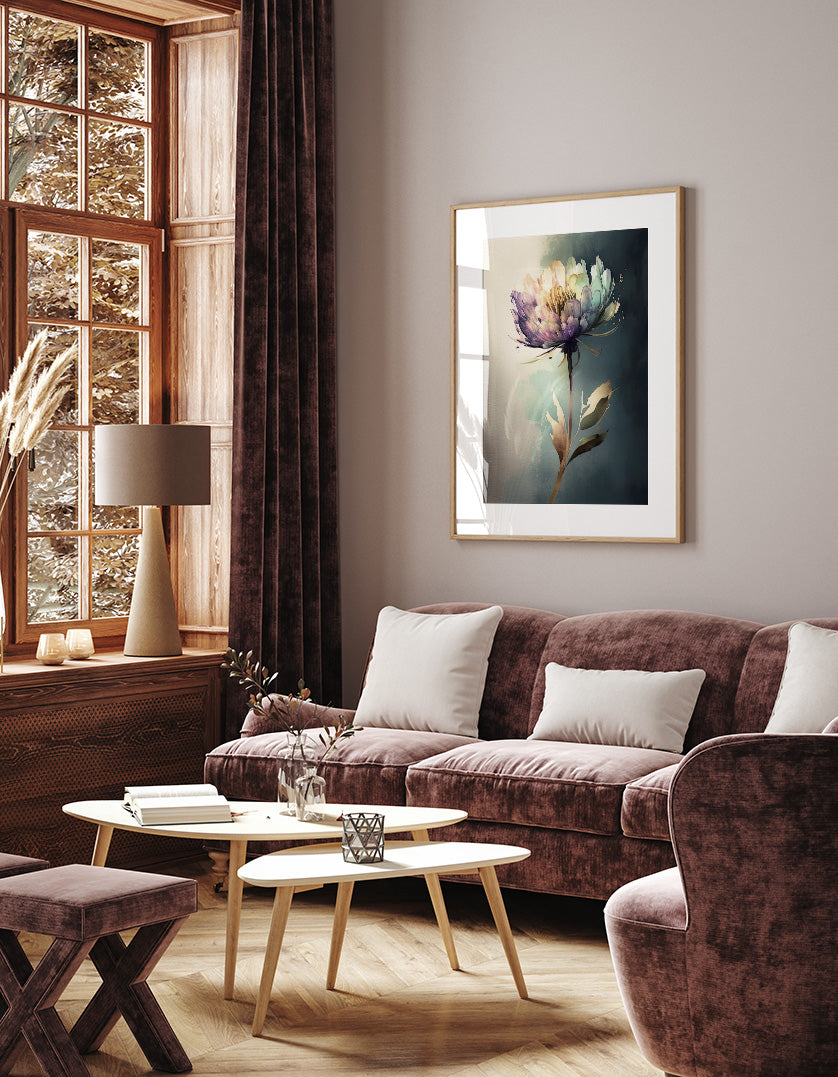 a cozy living room with a large window, a plush couch, a coffee table, and a framed artwork of a flower on the wall.