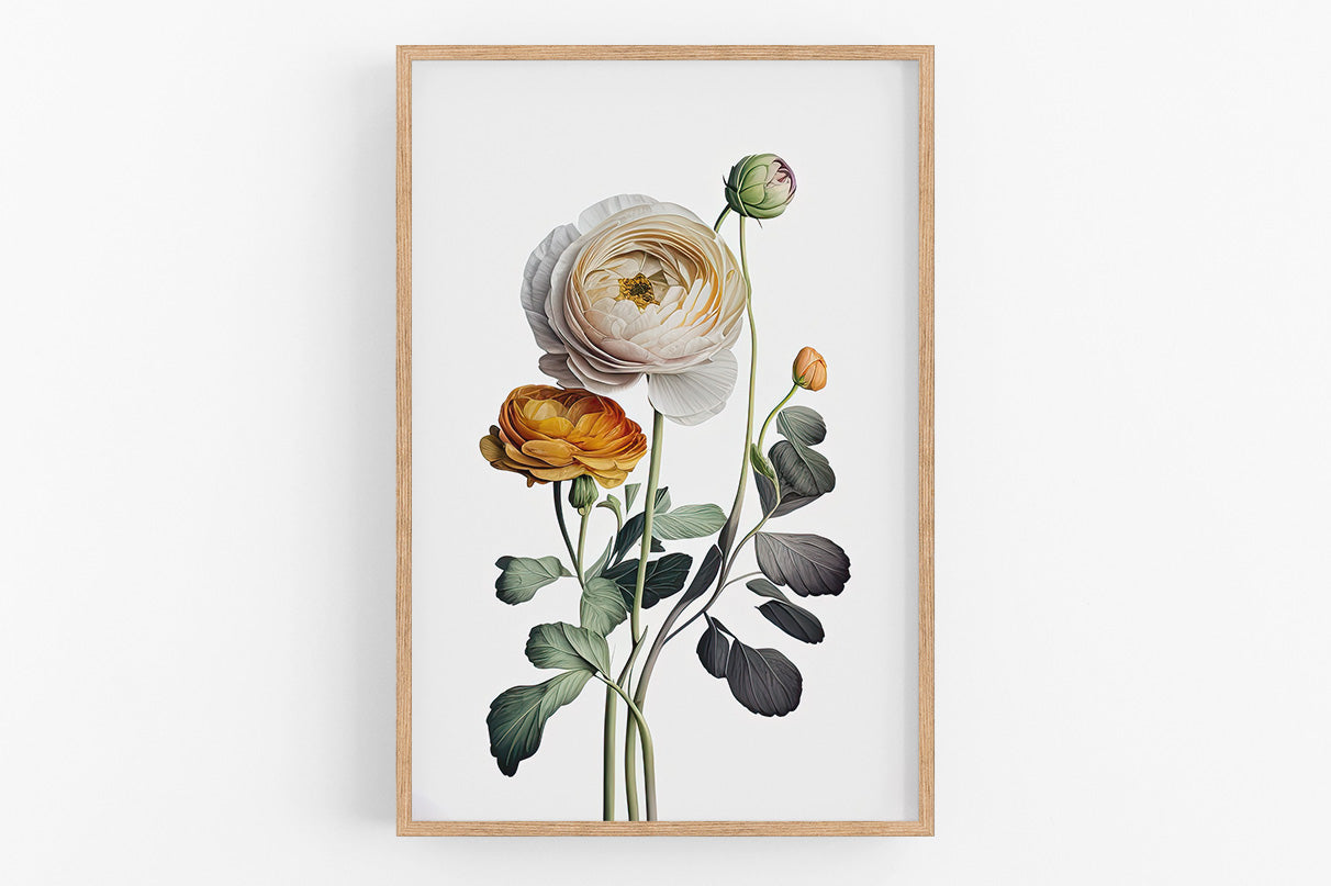 A framed print of a floral arrangement featuring a large white rose with a yellow center, surrounded by smaller orange and green flowers and leaves.