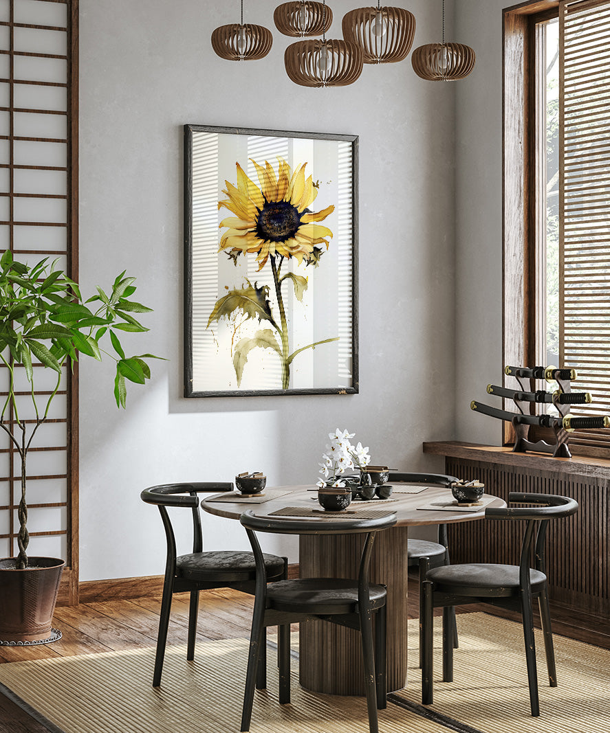 a modern dining room with a round wooden table, black chairs, and a large sunflower painting on the wall.