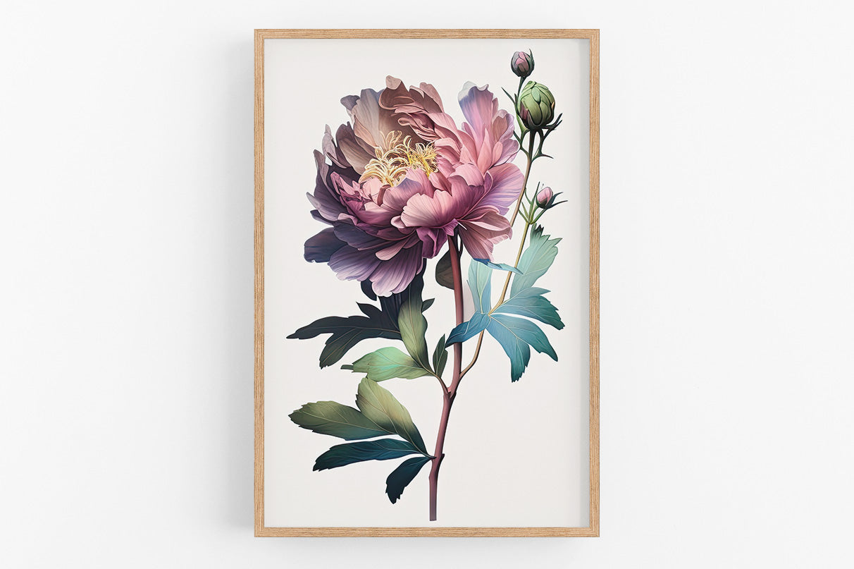 a large, vibrant pink peony flower with green leaves and stems, set against a white background.