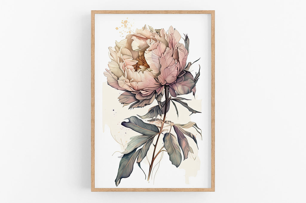 a large, detailed illustration of a pink peony flower with a long stem and green leaves.
