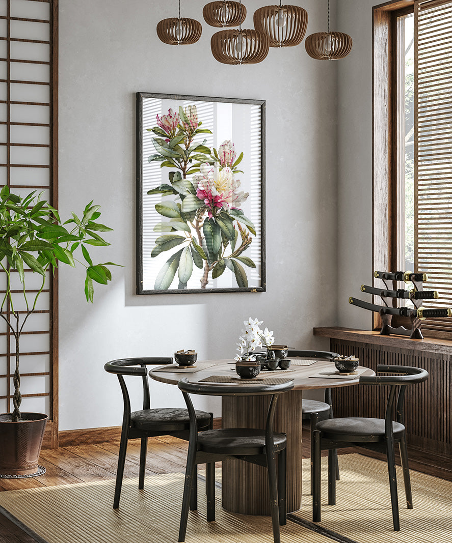 a modern dining room with a round wooden table surrounded by black chairs. A large floral painting hangs on the wall above the table, and a chandelier hangs from the ceiling. The room is decorated with various plants and other decorative elements, creating a cozy and inviting atmosphere.